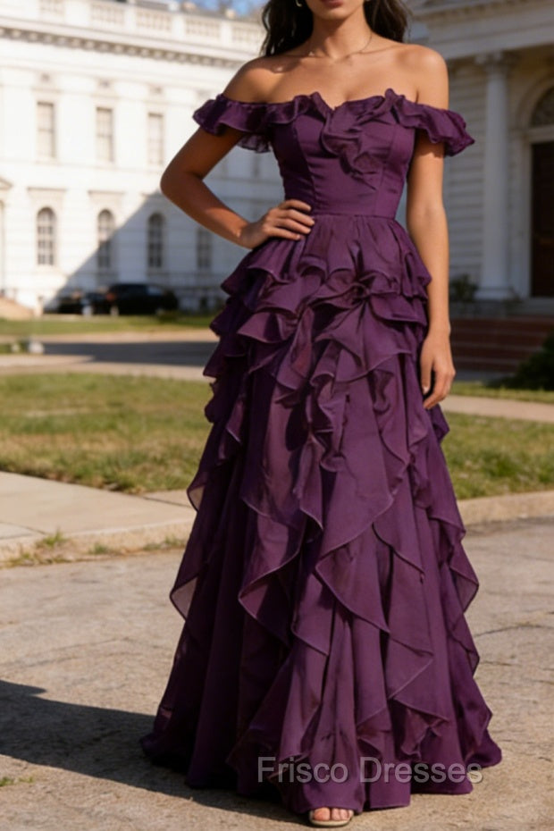 Purple Ruffled A-Line Square Neck Long Prom Dress Main image