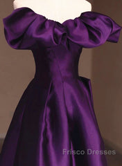 Purple Satin A-Line Off Shoulder Long Evening Dress, Purple Satin Formal Prom Dress