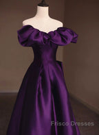 Purple Satin A-Line Off Shoulder Long Evening Dress, Purple Satin Formal Prom Dress