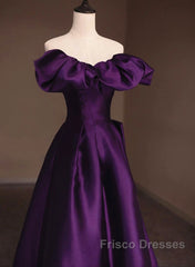Purple Satin A-Line Off Shoulder Long Evening Dress, Purple Satin Formal Prom Dress