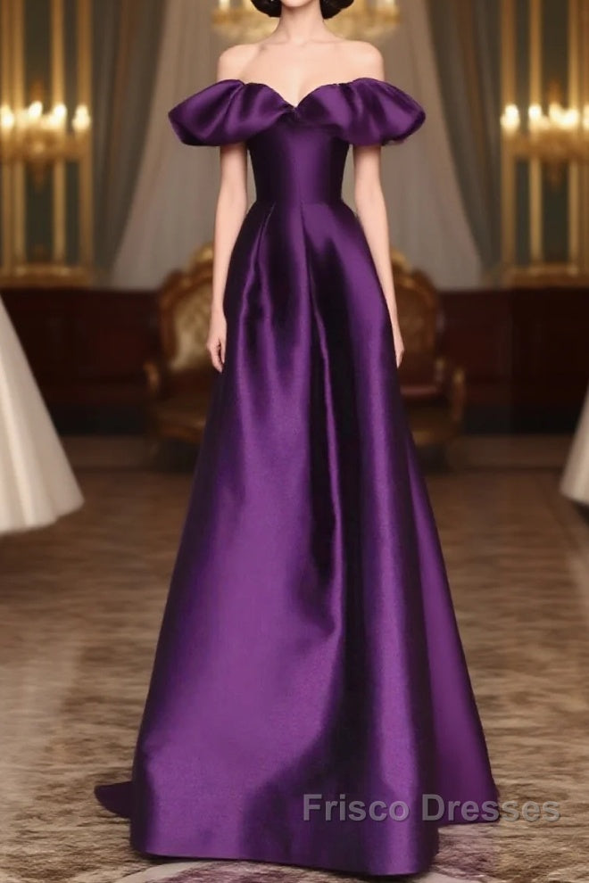 Purple Satin A-Line Off Shoulder Long Evening Dress, Purple Satin Formal Prom Dress Main image