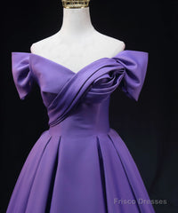 Purple Satin A-Line Off Shoulder Long Party Dress, Purple Evening Dress Prom Dress