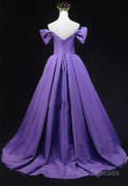 Purple Satin A-Line Off Shoulder Long Party Dress, Purple Formal Dress Formal Prom Dress