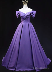 Purple Satin A-Line Off Shoulder Long Party Dress, Purple Evening Dress Prom Dress
