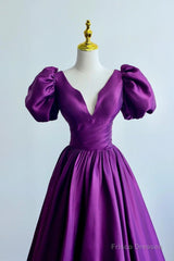 Purple Satin A-Line Short Sleeves Long Formal Dress, Purple Evening Dress Prom Dress
