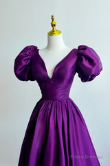 Purple Satin A-Line Short Sleeves Long Formal Dress, Purple Evening Dress Prom Dress
