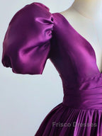 Purple Satin A-Line Short Sleeves Long Formal Dress, Purple Evening Dress Formal Prom Dress