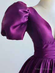 Purple Satin A-Line Short Sleeves Long Formal Dress, Purple Evening Dress Prom Dress