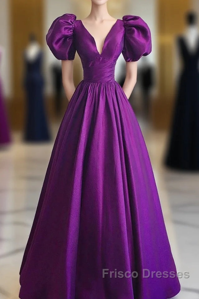 Purple Satin A-Line Short Sleeves Long Formal Dress, Purple Evening Dress Formal Prom Dress Main image