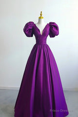 Purple Satin A-Line Short Sleeves Long Formal Dress, Purple Evening Dress Prom Dress
