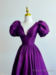 Purple Satin A-line Short Sleeves Long Formal Dress, Purple  Prom Dress