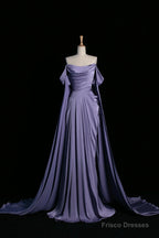 Purple Satin Long Prom Dress, Beautiful Off The Shoulder Evening Party Dress
