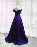 Purple Satin Off Shoulder Long Formal Prom Dress,A-line Simple Women Formal Prom Dress
