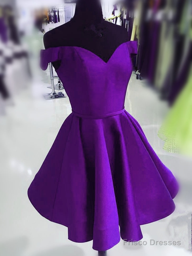 Purple Satin Off Shoulder Short Cute Homecoming Dress, Purple Prom Dress Party Dress Secondary image