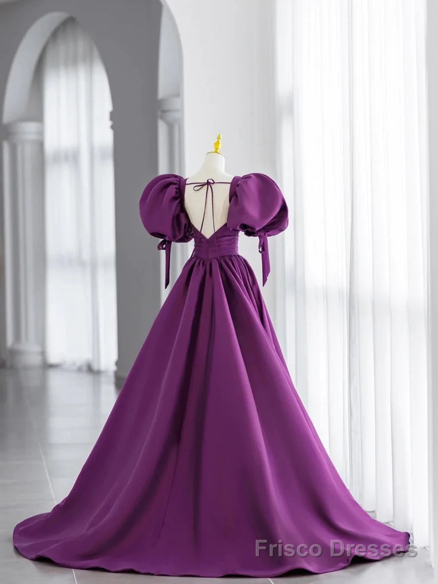 Purple Satin Puffy Sleeves Long Party Dress, Dark Purple Evening Dress Secondary image