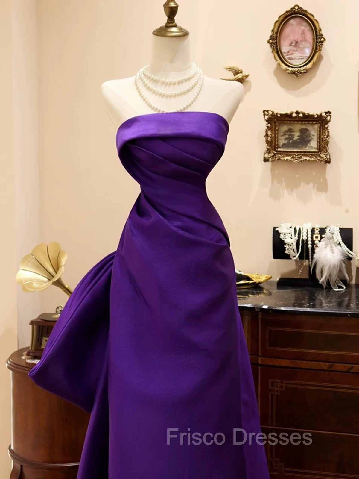 Purple Satin Scoop A-Line Floor Length Party Dress, Purple Satin Long Formal Prom Dress With Bow Secondary image