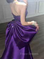 Purple Satin Scoop A-Line Floor Length Party Dress, Purple Satin Long Formal Prom Dress With Bow