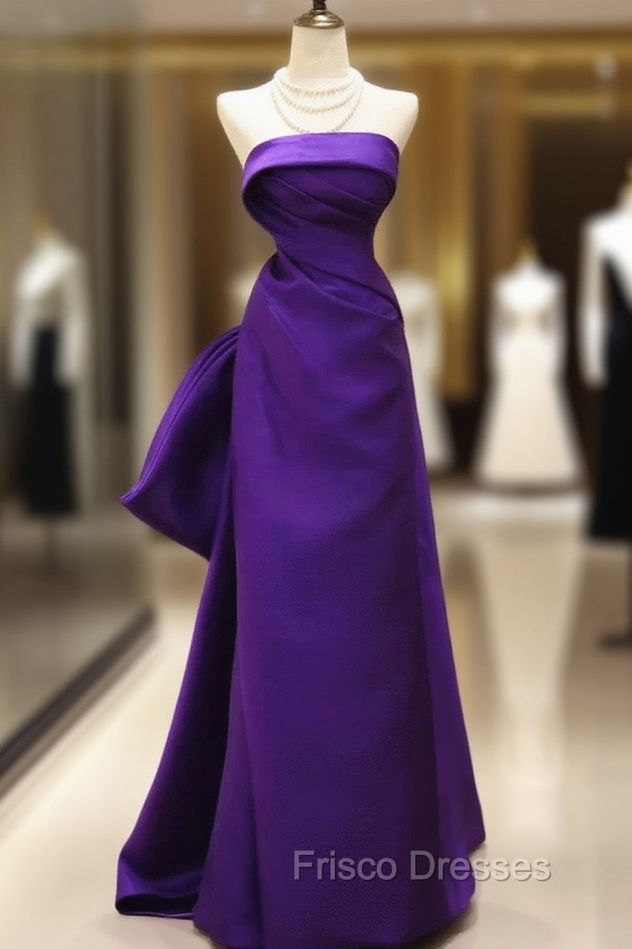 Purple Satin Scoop A-Line Floor Length Party Dress, Purple Satin Long Formal Prom Dress With Bow Main image