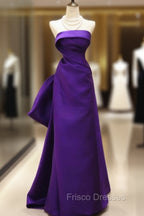 Purple Satin Scoop A-Line Floor Length Party Dress, Purple Satin Long Formal Prom Dress With Bow