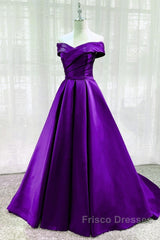Purple Satin Sweetheart Long Party Dress Formal Prom Dress, Off Shoulder Purple Evening Dress