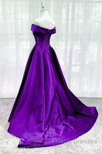 Purple Satin Sweetheart Long Party Dress Formal Prom Dress, Off Shoulder Purple Evening Dress