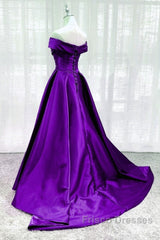 Purple Satin Sweetheart Long Party Dress Formal Prom Dress, Off Shoulder Purple Evening Dress