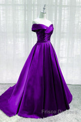 Purple Satin Sweetheart Long Party Dress Formal Prom Dress, Off Shoulder Purple Evening Dress