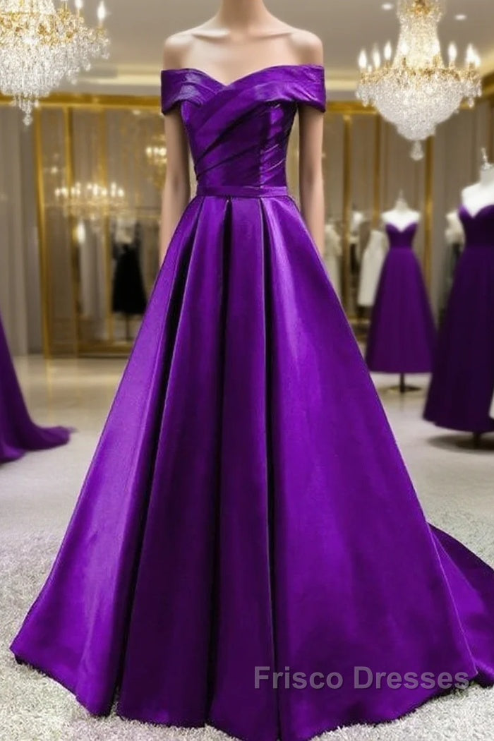 Purple Satin Sweetheart Long Party Dress Formal Prom Dress, Off Shoulder Purple Evening Dress Main image