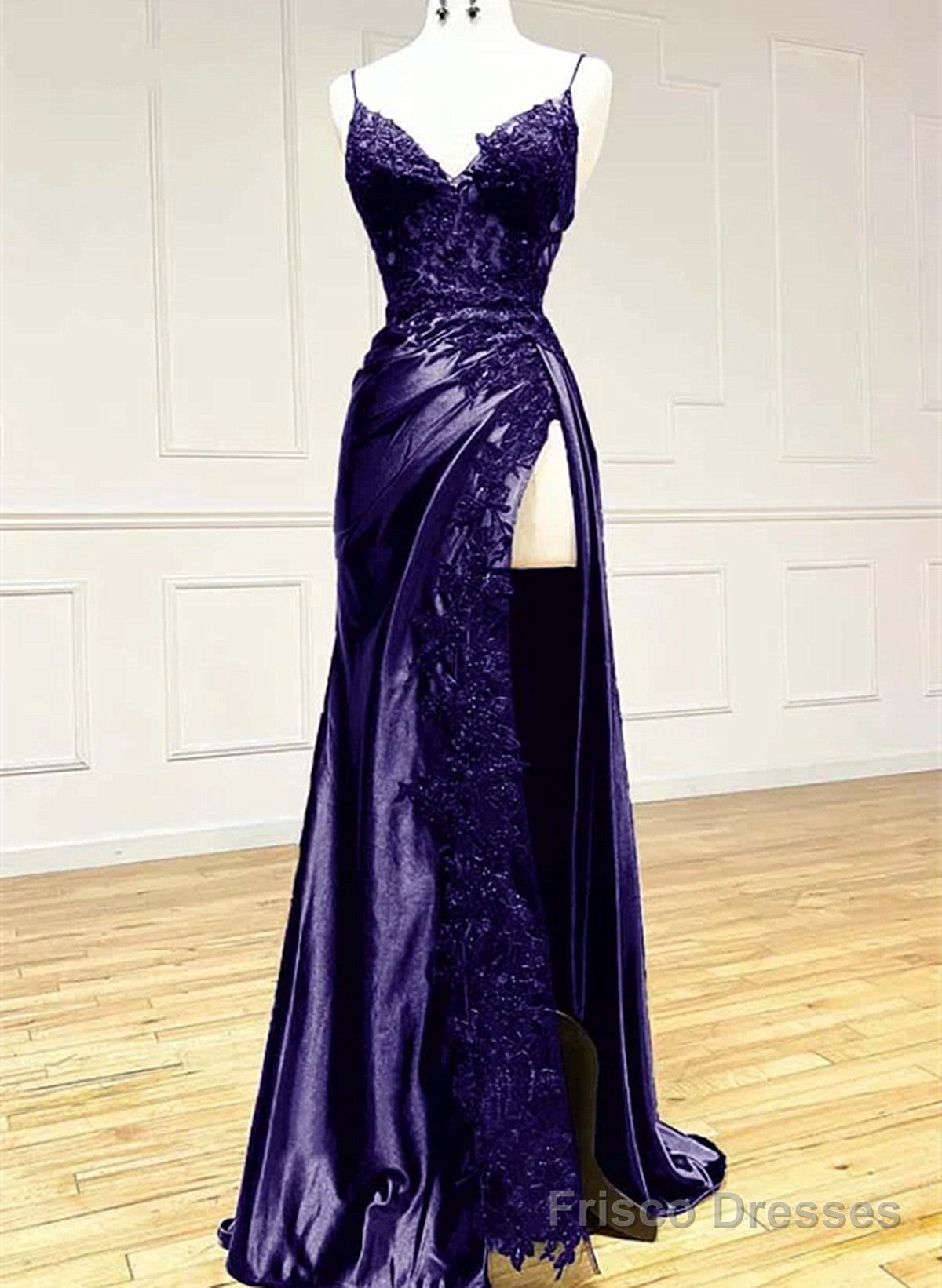 Purple Satin with Lace V-neckline Straps Long Party Dress, Black Prom Dress Main image