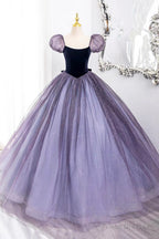 Purple Scoop Velvet And Tulle Long A-Line Prom Dress, Lovely Short Sleeve Evening Dress