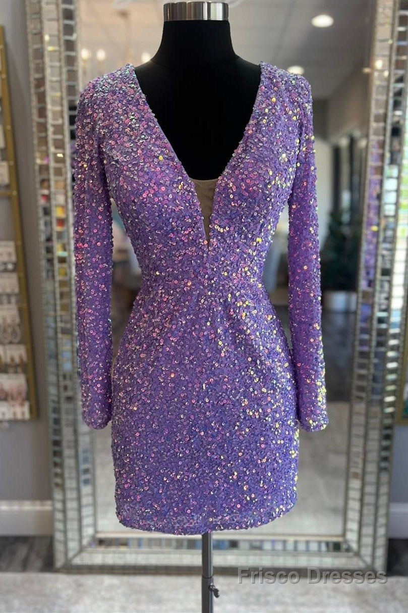 Purple Sequin Lace-Up Short Party Dress with Long Sleeves Main image