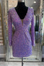Purple Sequin Lace-Up Short Party Dress with Long Sleeves