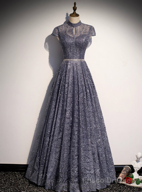 Purple Sequins High Neck Cap Sleeve Pearls Prom Dress Main image