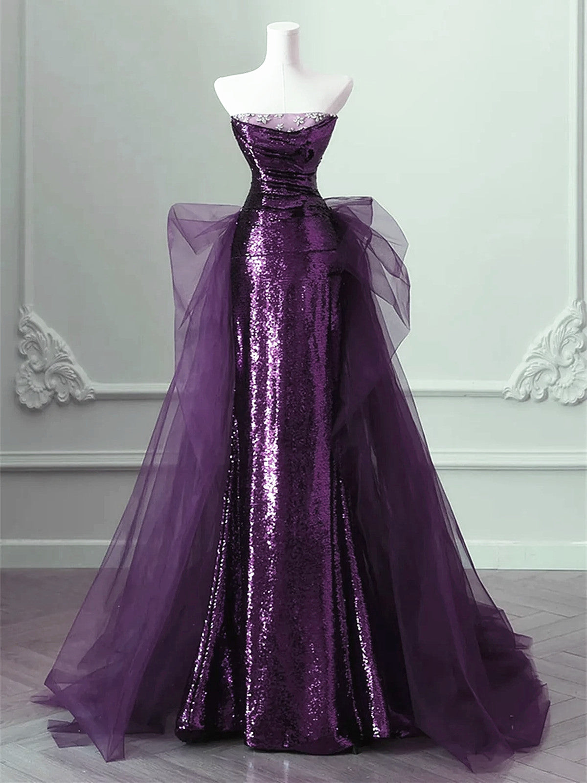 Purple Sequins Long Party Dress, A-Line Purple Sequins Prom Dress With Tulle Main image