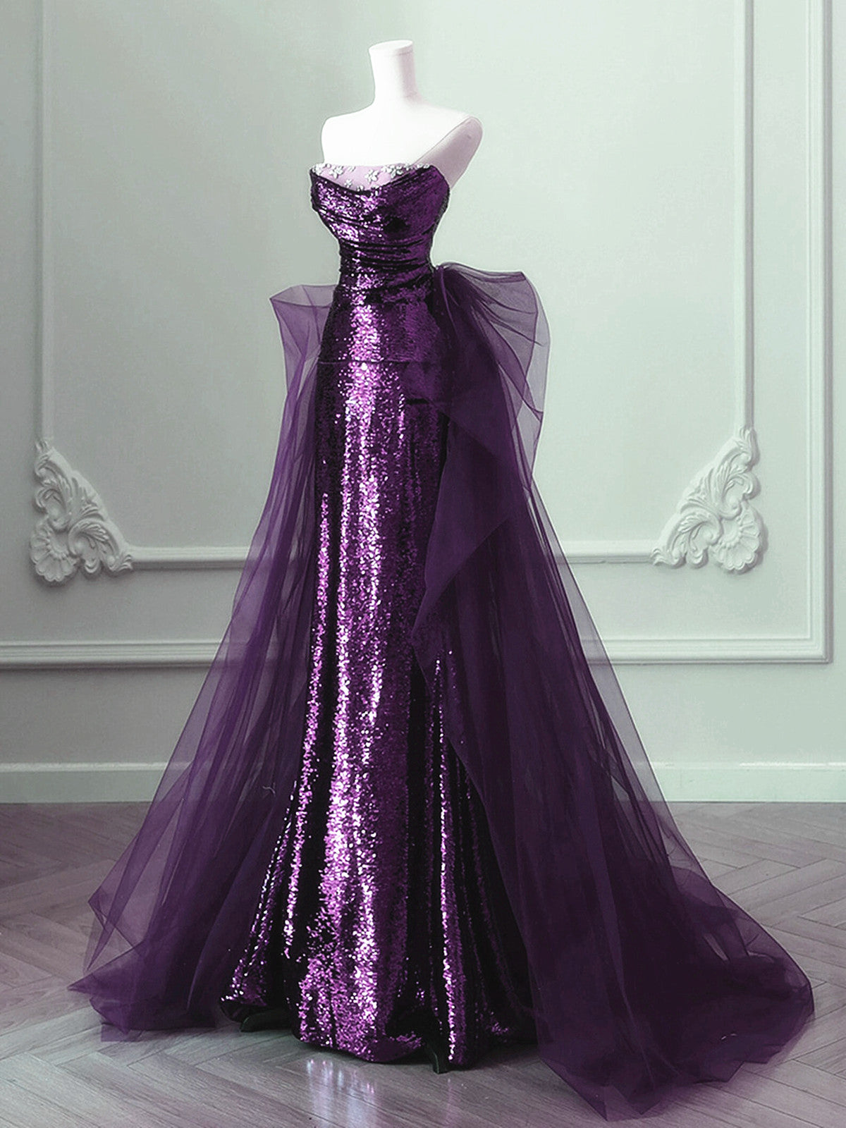 Purple Sequins Long Party Dress, A-Line Purple Sequins Prom Dress With Tulle