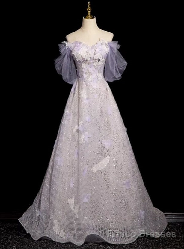 Purple Sequins Off the Shoulder Flower Prom Dress Main image