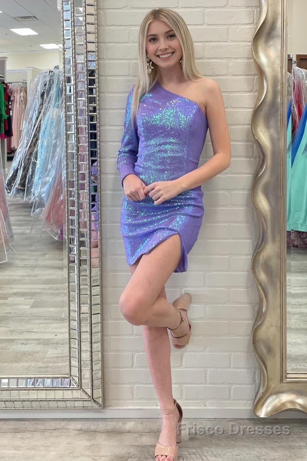 Purple Sequins One Shoulder Short Homecoming Dress with Slit Secondary image