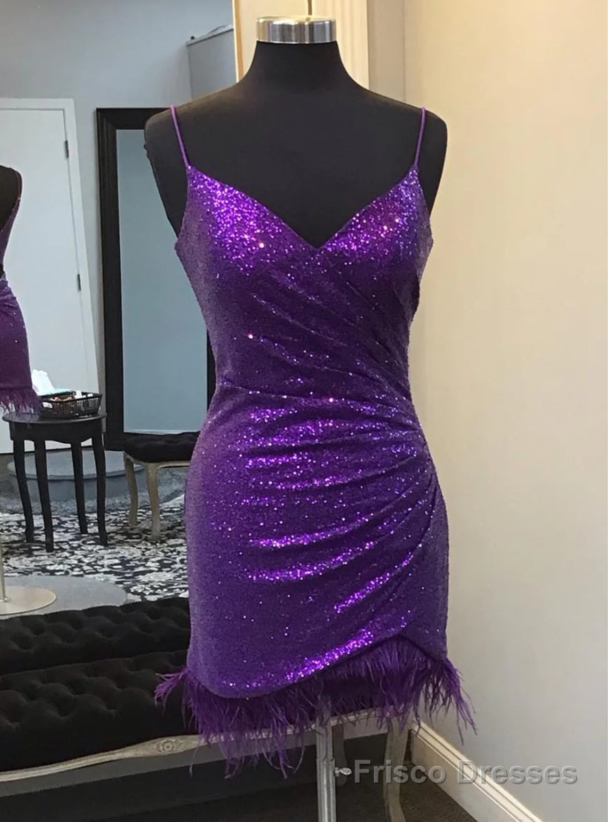 Purple Sequins Spaghetti Straps Pleats Feather Homecoming Dress Main image