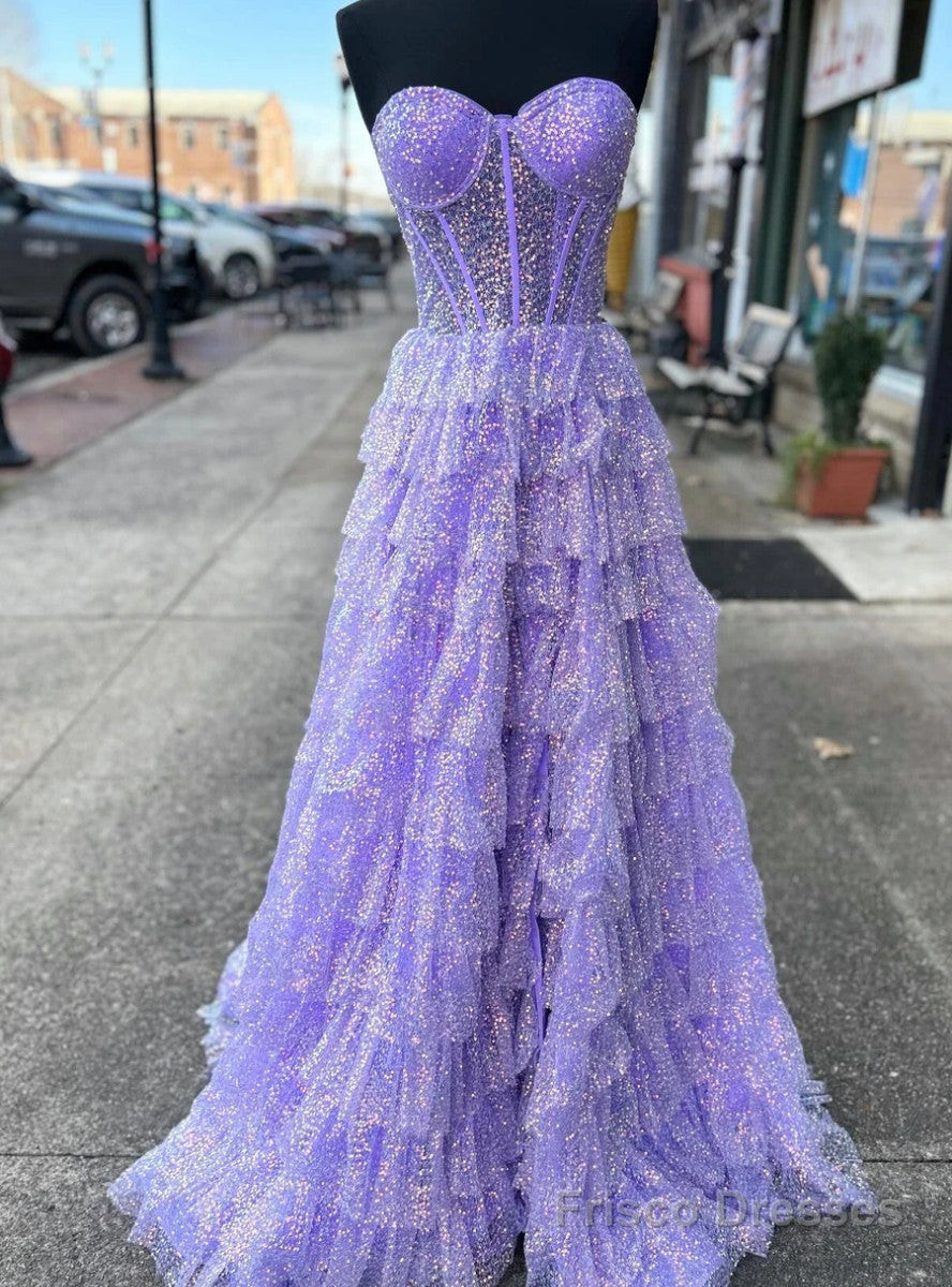 Purple Sequins Strapless Tiers Prom Dress Main image
