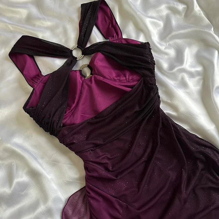Purple Shiny Elegant Fashion Gradient Strap Long Tulle Ball Gown Evening Dress