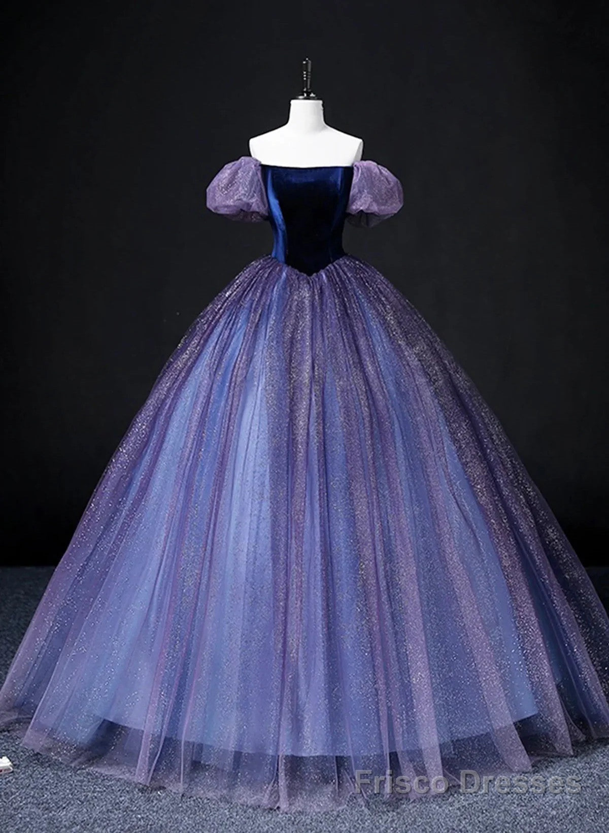 Purple Short Sleeves Tulle and Velvet Formal Dress, Purple Tulle Prom Dress Main image
