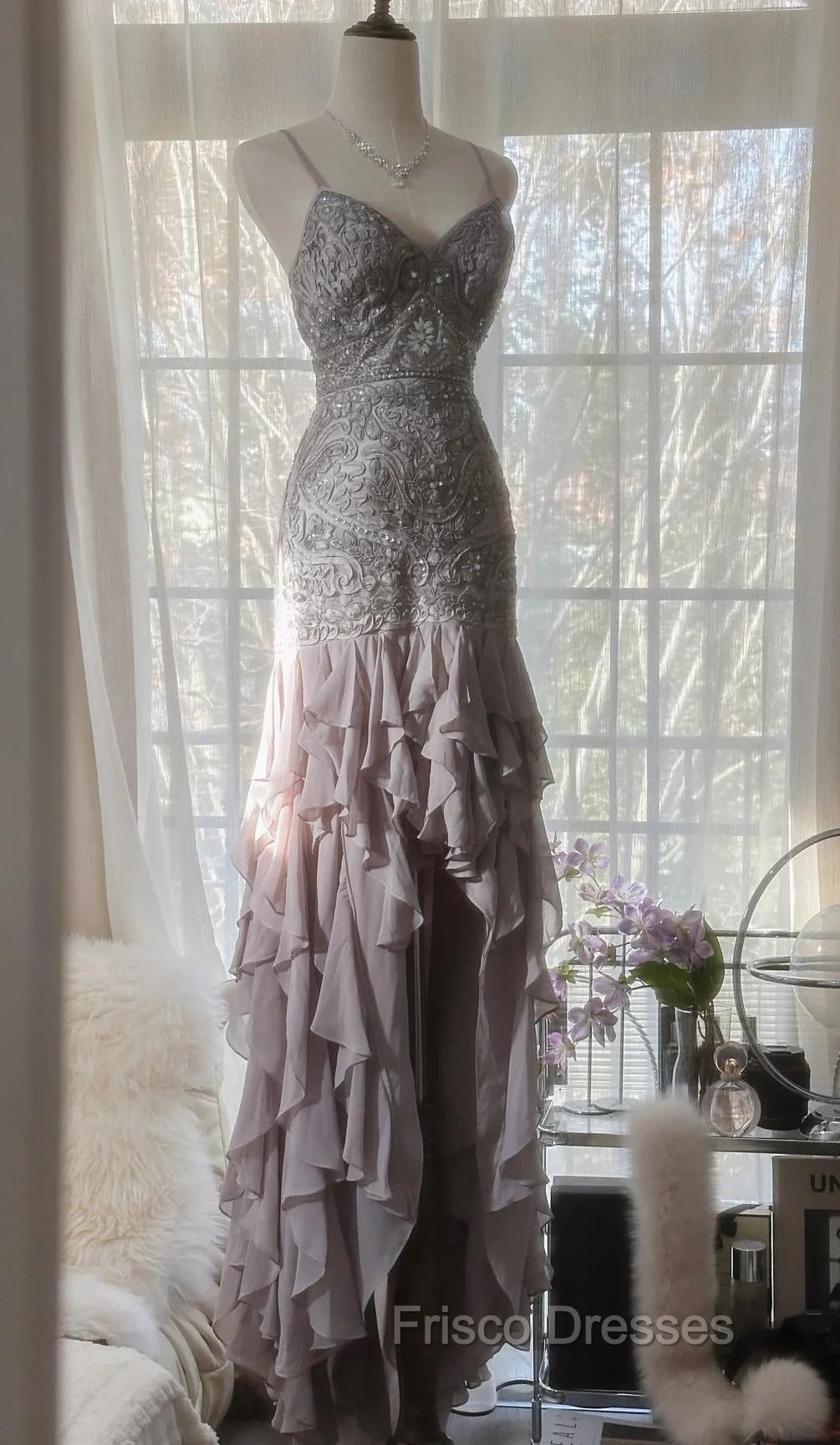 Purple Spaghetti Strap Bodycon Open Back Chiffon Sequin Long Formal Prom Dress Adult Ceremony Dress With Appliques