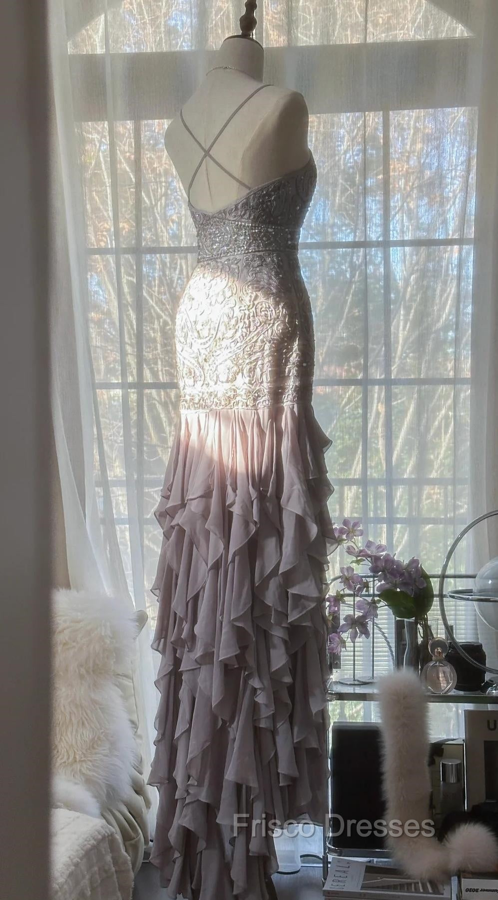 Purple Spaghetti Strap Bodycon Open Back Chiffon Sequin Long Formal Prom Dress Adult Ceremony Dress With Appliques