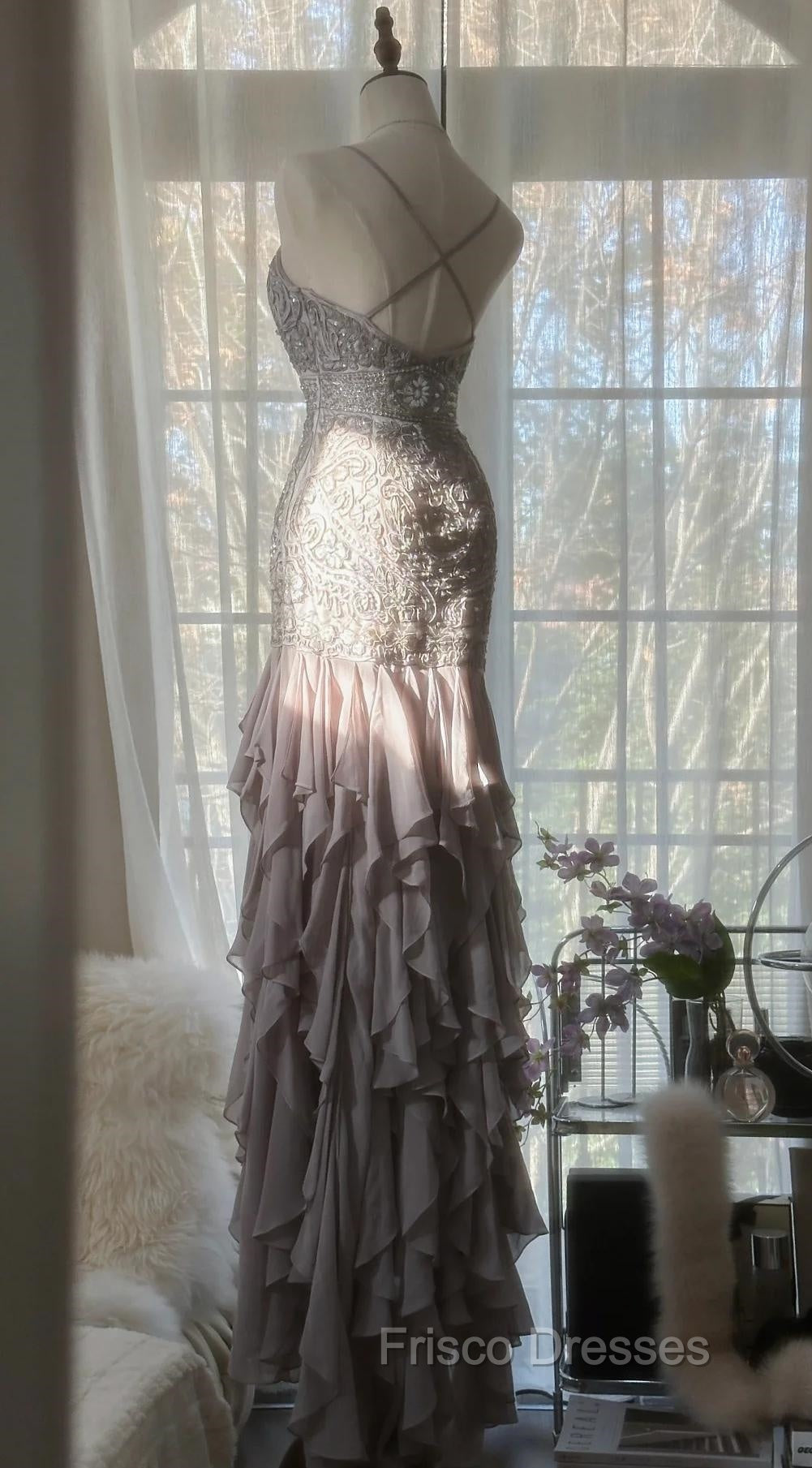 Purple Spaghetti Strap Bodycon Open Back Chiffon Sequin Long Formal Prom Dress Adult Ceremony Dress With Appliques