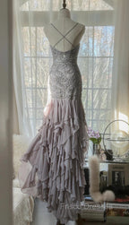 Purple Spaghetti Strap Bodycon Open Back Chiffon Sequin Long Formal Prom Dress Adult Ceremony Dress With Appliques