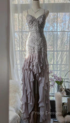 Purple Spaghetti Strap Bodycon Open Back Chiffon Sequin Long Formal Prom Dress Adult Ceremony Dress With Appliques
