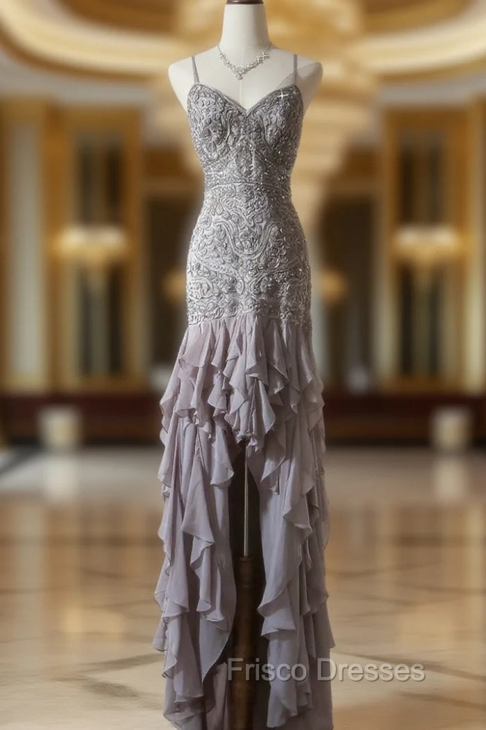 Purple Spaghetti Strap Bodycon Open Back Chiffon Sequin Long Formal Prom Dress Adult Ceremony Dress With Appliques Main image