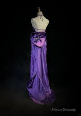 Purple Spaghetti Strap Satin Prom Dress Backless Evening Gown