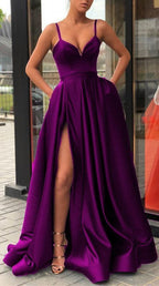 Neck Long Prom Dress Purple Evening Dress Satin Party Dresses