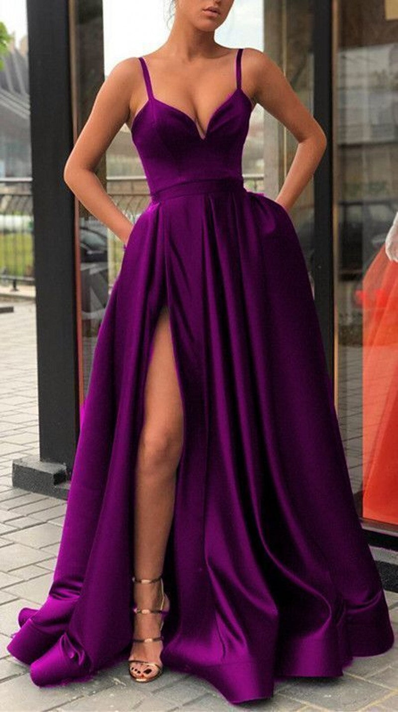 Neck Long Prom Dress Purple Evening Dress Satin Party Dresses